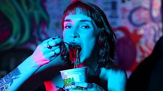 sexy feet crushing cup noodles with redhead femdom domination and toe licking fetish 😈