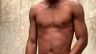 amateur gives a soapy dick massage in the shower, almost gets caught during first time monster cock action.