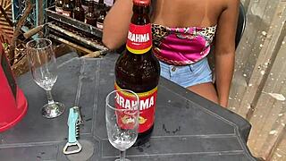 Alice tries her first time in the program at the bar sitting on thick cock from older guy