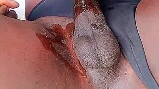 Sexyjayla254 ebony shemale strokes huge oiled cock outdoors