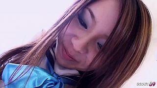 Japanese virgin teen with small tits gets seduced into pov fuck with shower quickie and deep creampie in uncensored jav