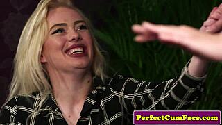 British lingerie babe sucks cock for cumshot facial in front of voyeur, oh man it's messy!