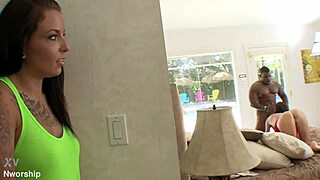 Teen and her stepmom sharing a big black cock in double blowjob