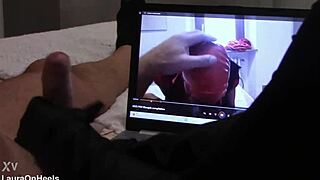 Preview Gift to My Biggest Fan Handjob in Gloves While Watching Vid with Cumshot and Monster Cock