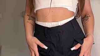 this cute brunette in stockings shoves a dildo deep in her tight asshole for squirting and gaping fun