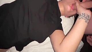 Couple enjoys shower blowjob leading to titty fuck. He cums on her big natural tits.