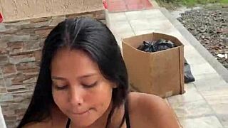 Oh god, this colombian blonde milf with big tits sucks big cock outdoors but her neighbor catches us...