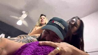 Amateur licks balls and big ass while deepthroating gagging on monster cock moaning as wet pussy spreads for choking sex