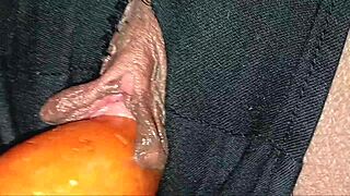 she reaches orgasm with fruit stuffed in her tight shaved pussy for pretty wet homemade creampie action.