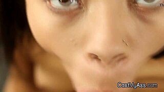 Perky ebony teen amateur gives blowjob in g-string during hardcore interracial casting interview