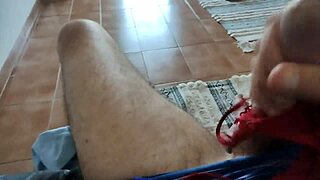 Hey, watch my husband playing with my panties and jerking off before I head out for a job