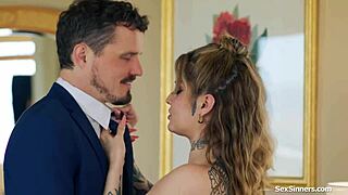 Hey, check out this wild wife cheating right under her blindfolded hubby's nose with deepthroat double penetration in a hardcore threesome