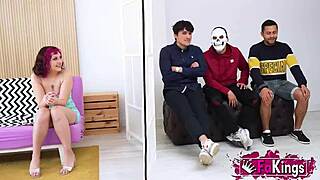 young mei takes on three rookie dudes in rough european group fuck quickie cowgirl riding petite redhead action