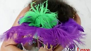 narrative of busty brunette milf with thick ass celebrating mardi gras in oiled cheating fantasy
