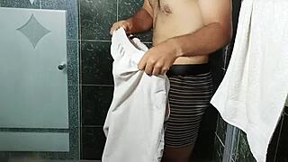 While daddy teleworks the amateur swingers stepmom with big ass and shaved pussy gets risky shower fuck from not son in homemade creampie