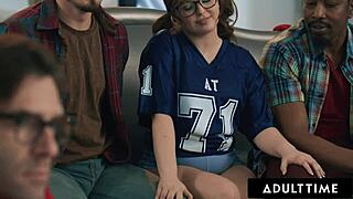 hey, adult time catches naughty nerd leana lovings riding her stepdad's buddies in wild mmf double penetration with facial cum! 😈🍆