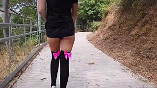 She went crazy with outdoor public masturbation until squirting hard.