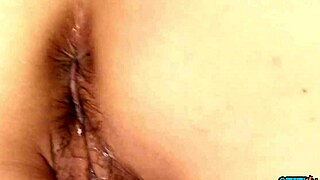 Her hairy pussy gets double toying before hot rod slides in for creampie.