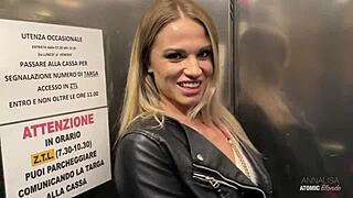 Risky public blowjob from blonde slut in car ends with cum swallow