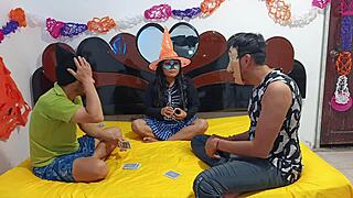 Halloween fun eating pussy of beautiful cunning witch in bedroom 😈👻