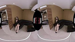 virtual taboo shows the brunette with big tits stripping off clothes in pov revealing shaved pussy