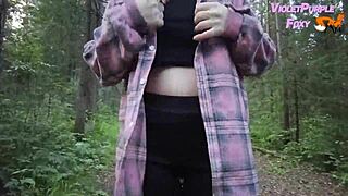 Oh wow, this cute babe's flashing her puffy nipples in the risky forest solo!