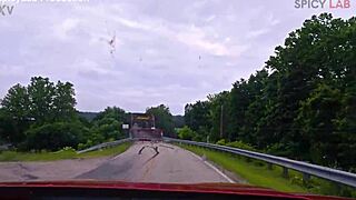 Exhibitionist busty milf flashes big tits and gets fucked with squirting orgasm on abandoned bridge.