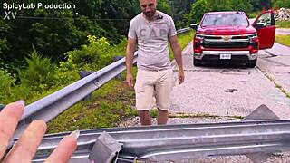 Exhibitionist busty milf flashes big tits and gets fucked with squirting orgasm on abandoned bridge.