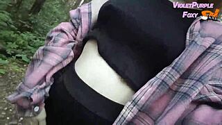 Oh wow, this cute babe's flashing her puffy nipples in the risky forest solo!