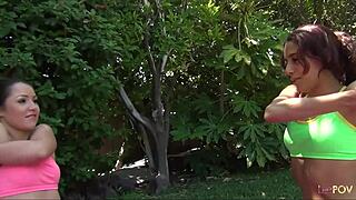 morning yoga and scissoring relieve stress for two lesbians?