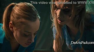 In a dark fantasy scene, the demon fucks the nurse roughly and squirts milk into her mouth while she's bent over in the hospital.