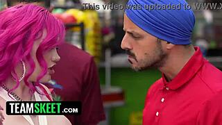 Lily Lou gets caught stealing as busty pink-haired slut tag teamed by employees