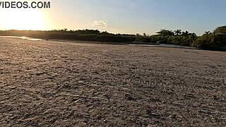 Intense public anal fuck on beach with spit and creampie in bent over doggystyle