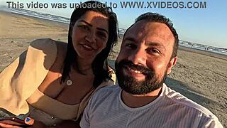 Intense public anal fuck on beach with spit and creampie in bent over doggystyle