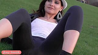 Jeny Smith Flashes Big Ass Cameltoe In See Through Yoga Pants During Outdoor Body Painting