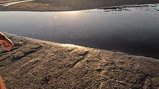 Intense public anal fuck on beach with spit and creampie in bent over doggystyle