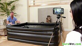 Naughty Big Tit Brunette Masseuse Films Wet Naked Nuru Massage Session with Seth Gamble and Gal Ritchie