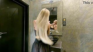 big tits long haired blonde feels excited in see through mini skirt with socks