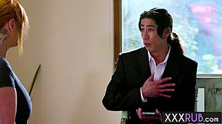 curvy redhead milf lauren phillips gives her best client a relaxing massage with a steamy titty fuck extra