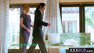 curvy redhead milf lauren phillips gives her best client a relaxing massage with a steamy titty fuck extra