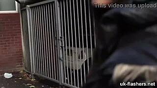 Horny British girl flashes and masturbates outdoors, fingering her shaved pussy in public exhibition.