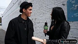 Guy in blindfold fucks that brunette babe's twat with dildo for cash in intriguing reality play