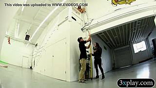 Guy in blindfold fucks that brunette babe's twat with dildo for cash in intriguing reality play