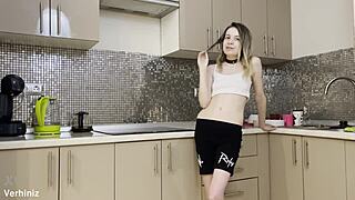 Stepsisters anal rough fucked in the kitchen by lucky brothers friend