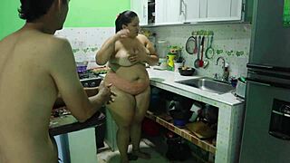 Raw bareback fucking of my girlfriend's skinny Latina sister in kitchen with big cock missionary and cum on natural tits