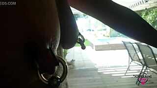 Nippleringlover rides bicycle nude, handcuffed with extreme stretched piercings