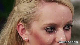 naughty babe swallows bukkake facial cream pov