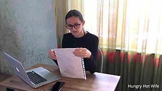 he licked her juicy shaved pussy then doggystyle creampie on desk to land the job