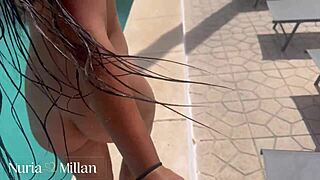 wanna see her gag on deepthroat pool cock then swallow?