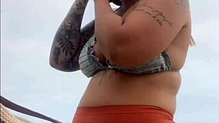 Tina's Swollen Wet Pussy Flashes on Beach Ready for Action